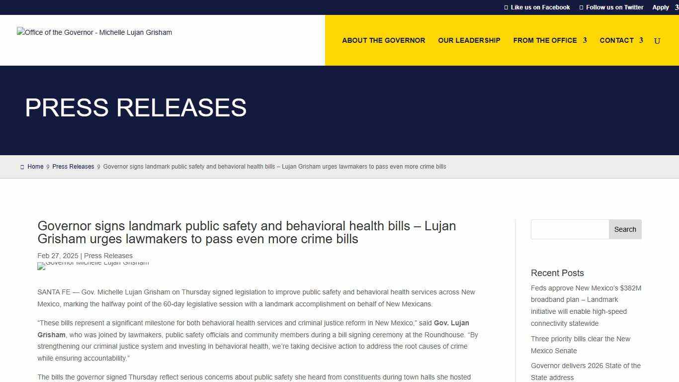 Governor signs landmark public safety and behavioral health bills - Lujan Grisham urges lawmakers to pass even more crime bills - Office of the Governor - Michelle Lujan Grisham